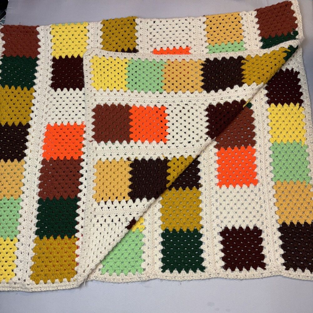 VTG Hand Crocheted Granny Square Sofa Throw Roseanne Style White Trim 76”x45”